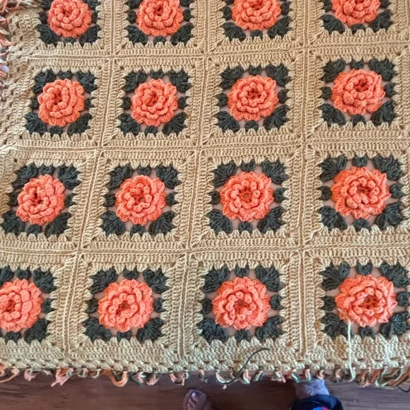 Handmade Crocheted Floral Granny Square Throw - Coral & Tan - Picture 7 of 13